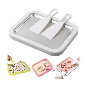 Instant Rolled Ice Cream Maker Pan with 2 Spatulas DIY Frozen Treat Plate White